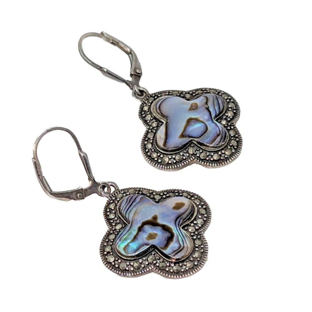 GPJ Thai 925 Silver Abalone Marcasite Leverback Earrings Clover Quatrefoil 5.61g